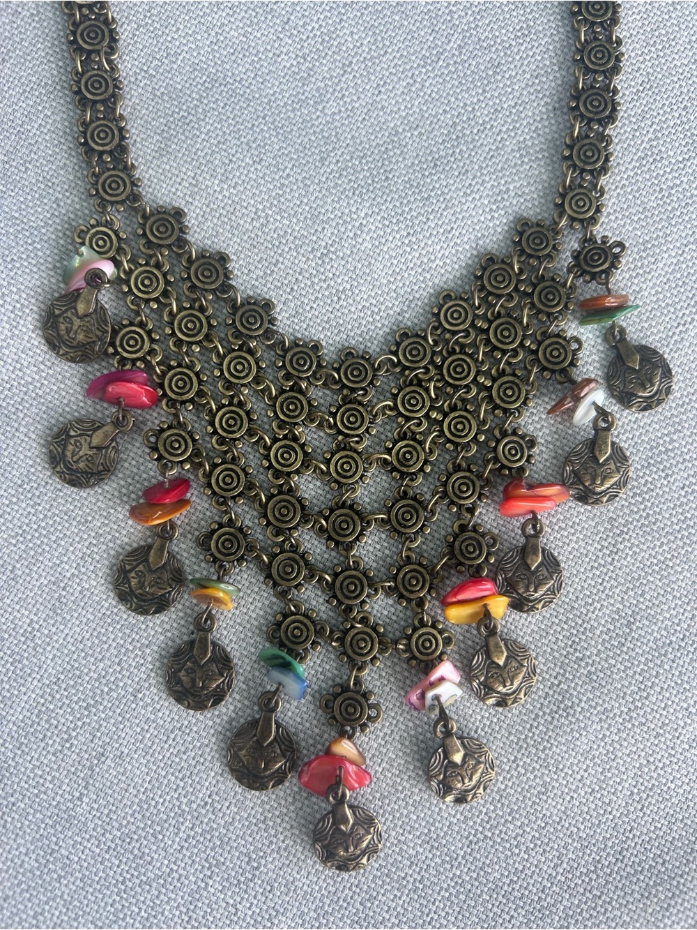 By Jules Boho Brass Statement Bib Necklace Tiered Tribal Coin Fringe